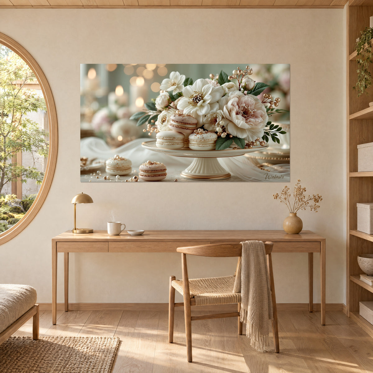 Quadro di dolcetti color avorio e rose cipria, stami dorati, sfondo verde pallido, sulla parete di un ufficio in legno chiaro alla luce
