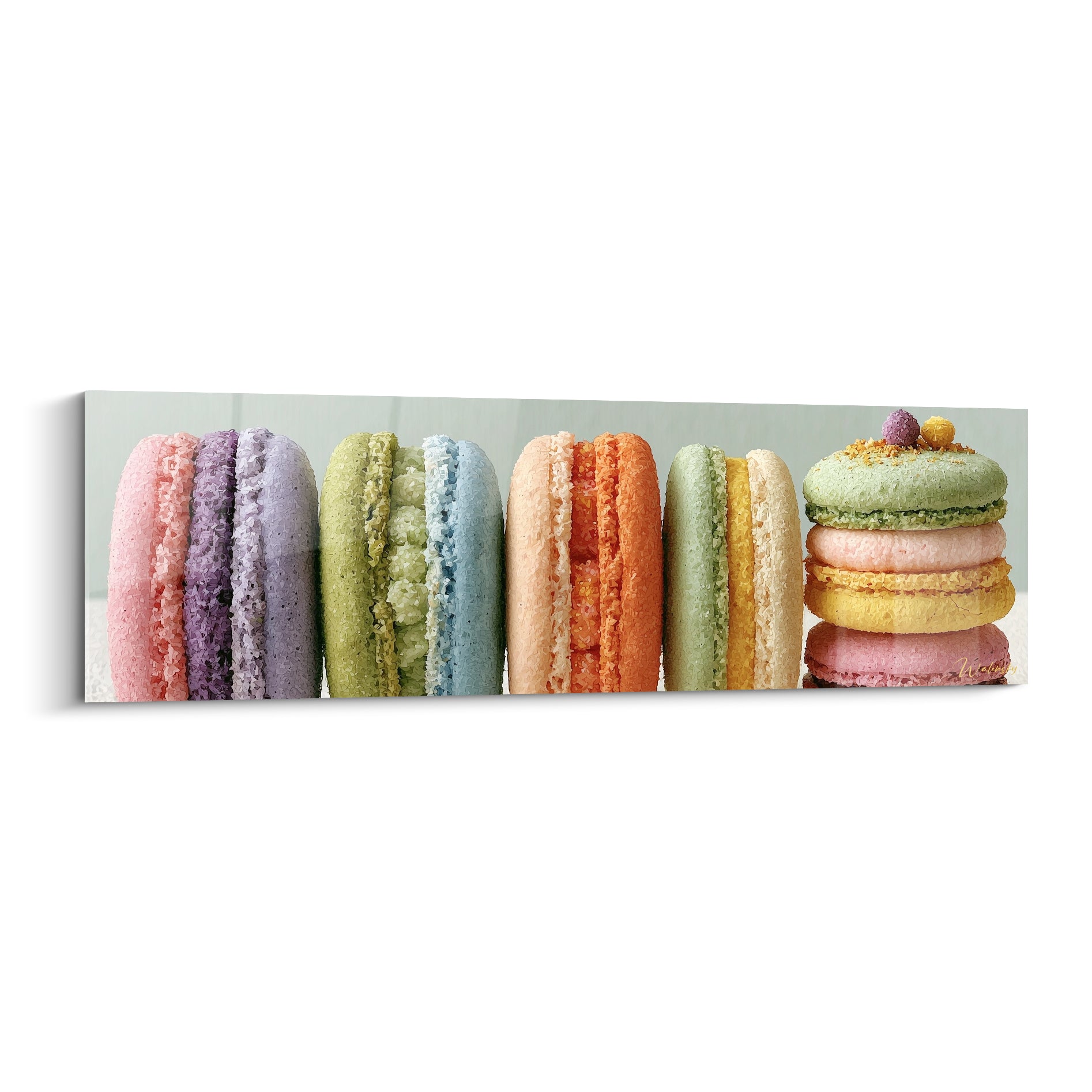 Macarons roses violets verts bleus et oranges alignés sur fond gris-vert texturé