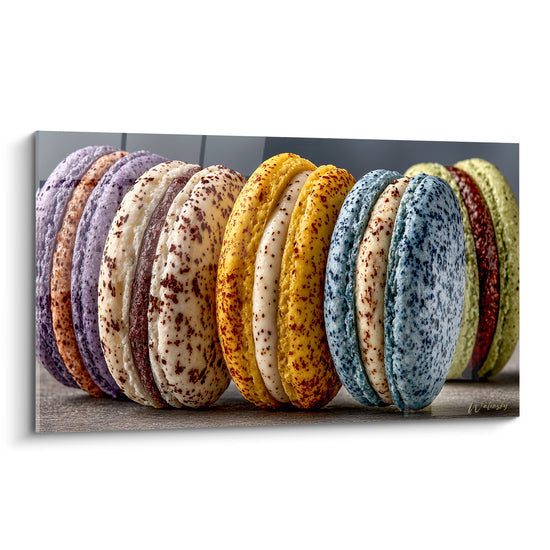Macarons alignés violet lavande, jaune safran et bleu moucheté sur fond gris flou