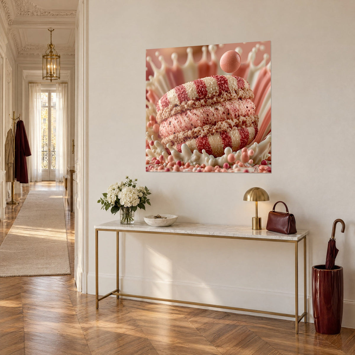 Tableau biscuit empilé strié de carmin et d'ivoire, perles roses en suspension, sur une console dorée dans un couloir haussmannien