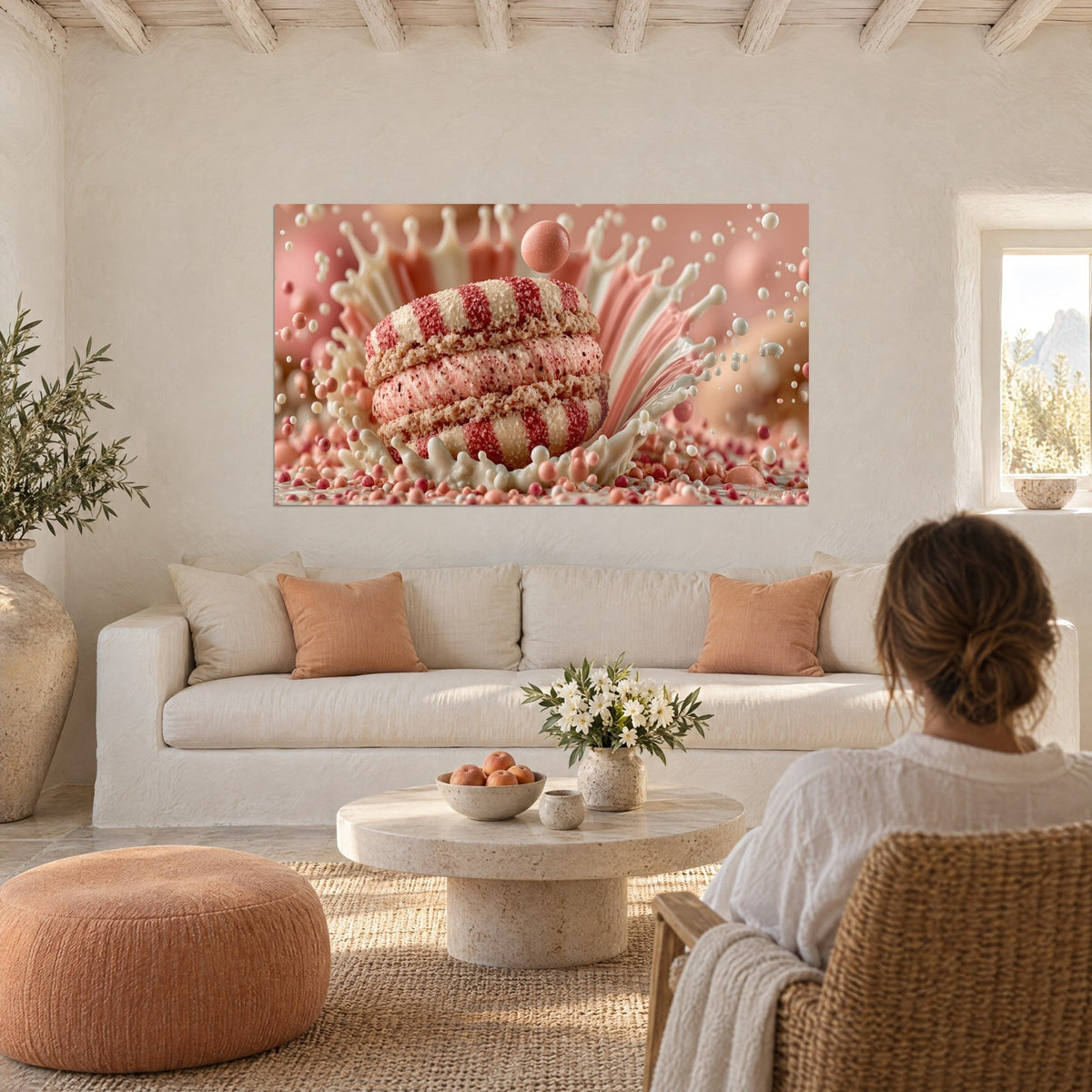 Cuadro macarón de rayas rosas y blancas, corona de leche congelada, perlas suspendidas, encima de un sofá en un salón luminoso