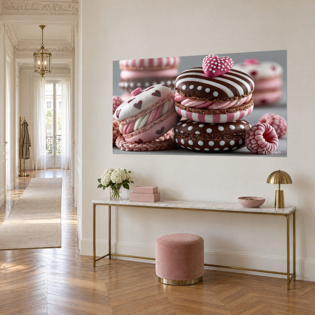 Tableau pâtisseries empilées brun chocolat et rose poudré, framboises givrées sur le côté, en vue de trois-quarts, au-dessus d'une console dorée