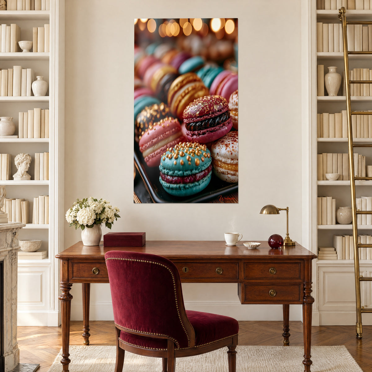 Quadro di dolcetti glassati turchesi, rosa e dorati su sfondo di luci sfocate, sopra una scrivania in legno e una poltrona bordeaux