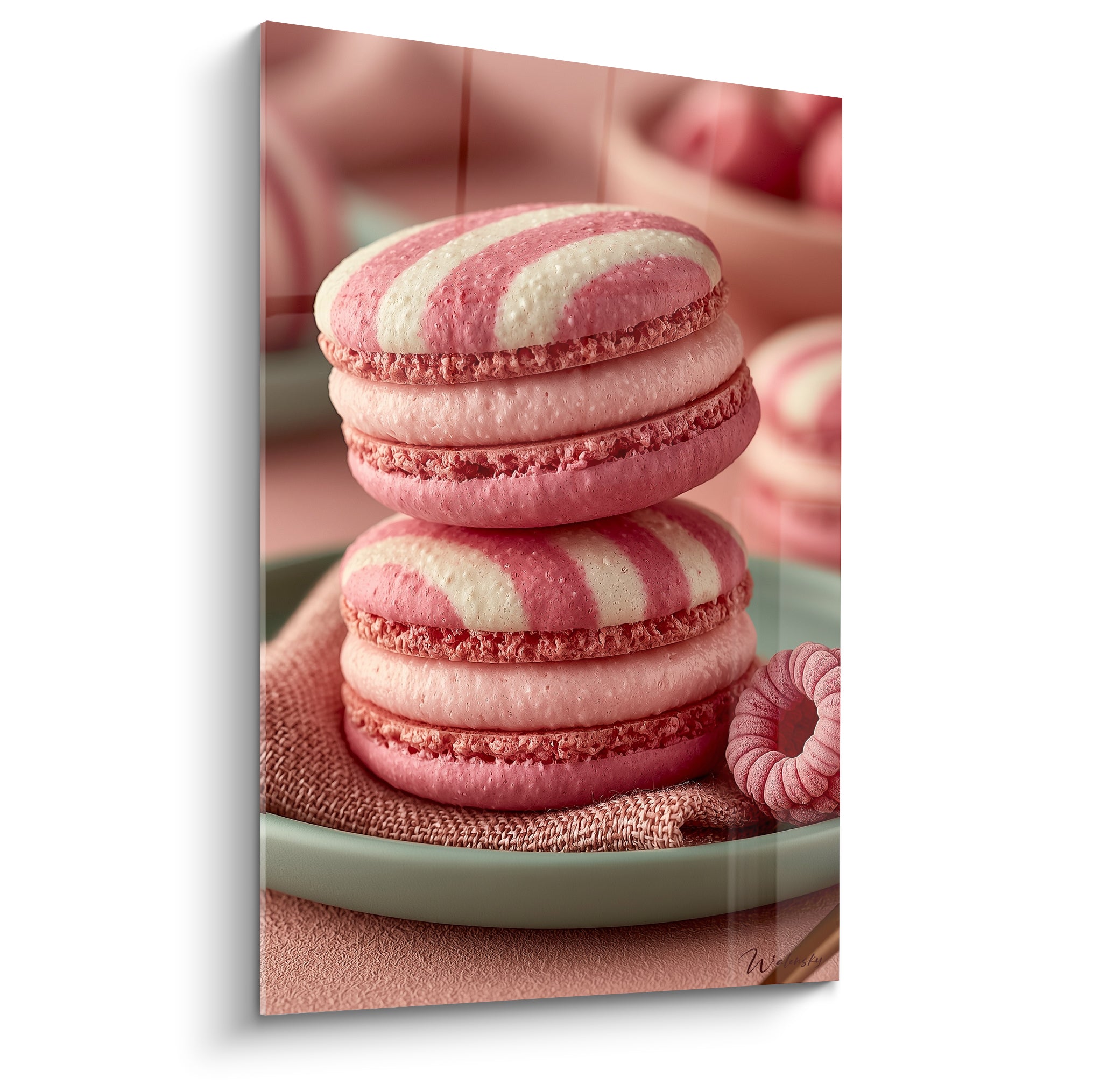 Macarons roses et blancs empilés sur assiette vert sauge, texture crémeuse et coques rayées