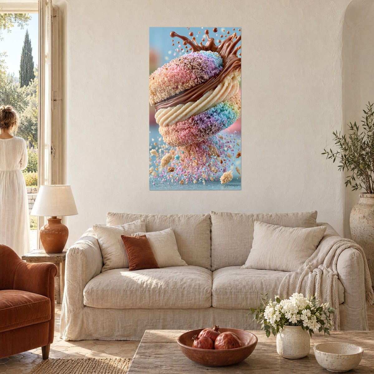 Tableau macaron géant aux coques rose et lilas saupoudrées, coulée de chocolat brun, crème ivoire, au-dessus d'un canapé dans un salon lumineux