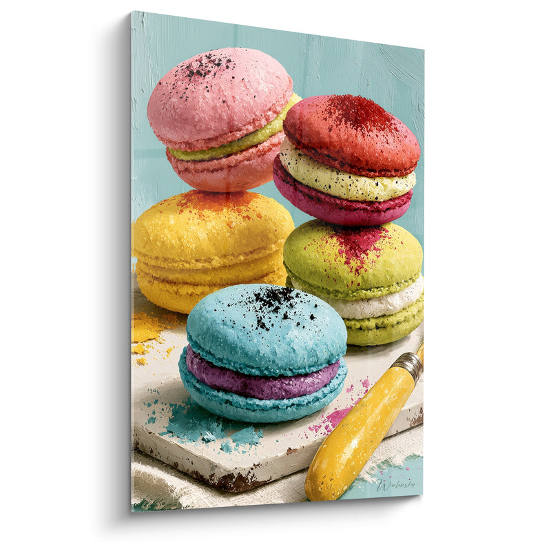 Tableau Macarons rose et jaune sur planche éclaboussée - Manche de pinceau doré - Edition Macaron