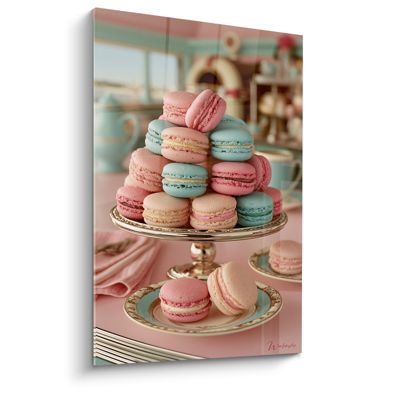 Tableau Macarons rose et bleu sur présentoir doré - Assiettes en porcelaine dorée - Edition Macaron