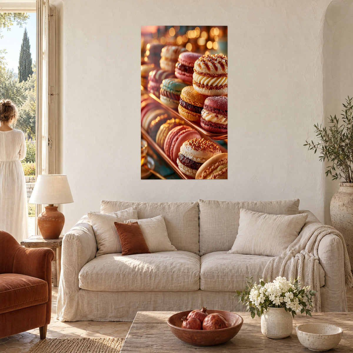 Cuadro con macarons dorados y rosa polvo en un escaparate, bokeh dorado, una mujer de espaldas, encima de un sofá en un salón luminoso