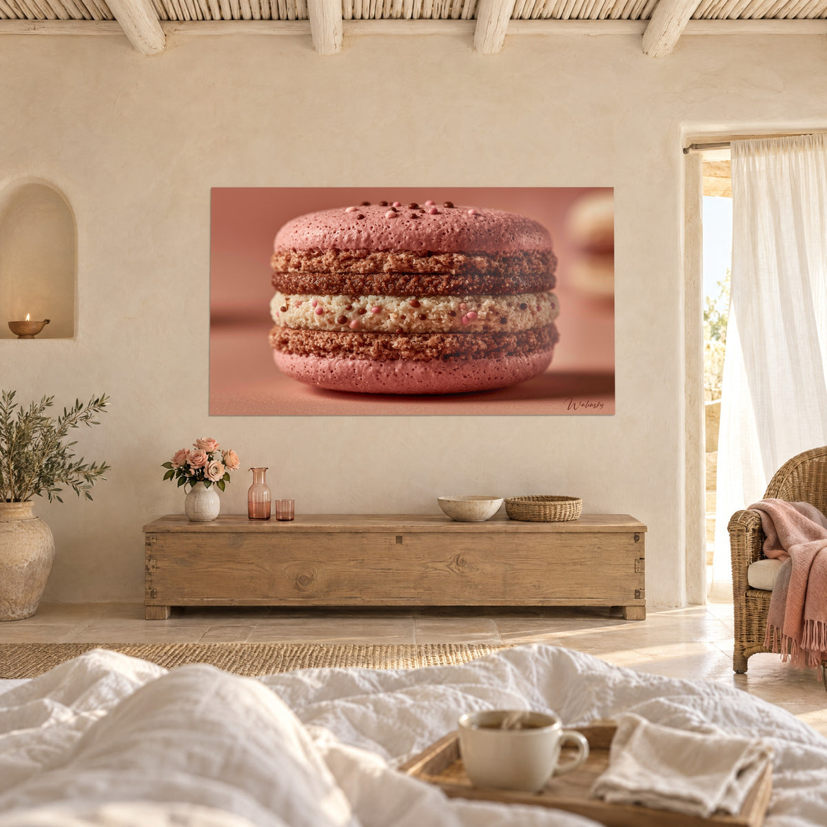 Wall art stacked pink and chocolate macaron, pearlescent sugar in relief, above a bed in a light bedroom