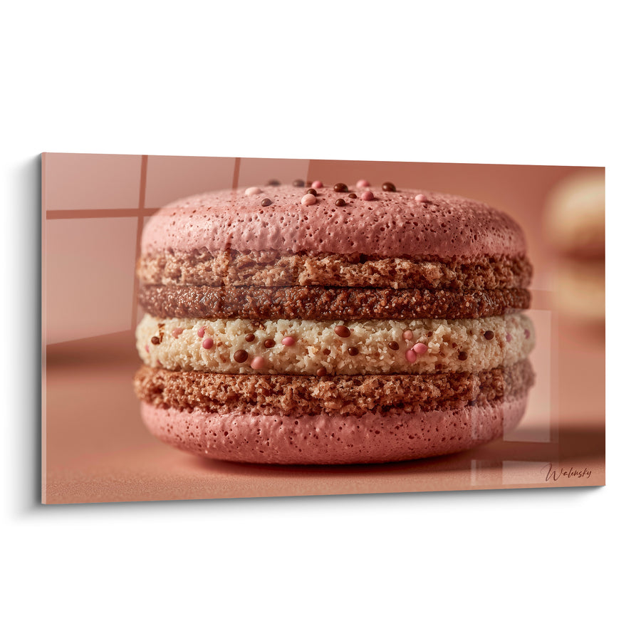 Tableau Macaron rose et brun à double ganache superposée - Perles de sucre nacrées - Edition Macaron