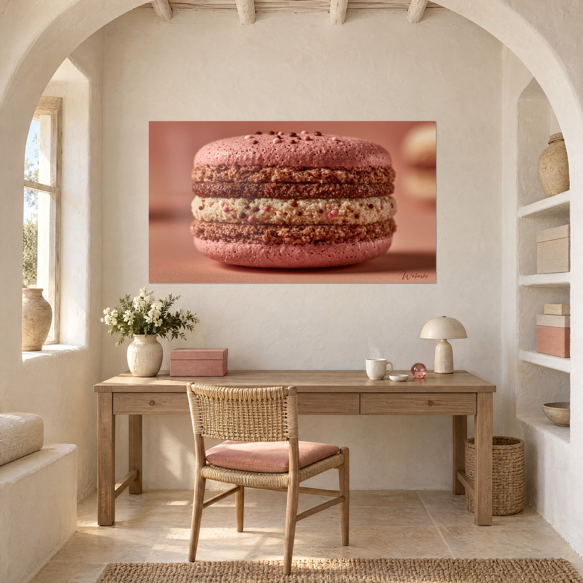 Wall art pearlescent macaron in coral pink and cinnamon brown, white cream dotted with pearls, above a light wood desk