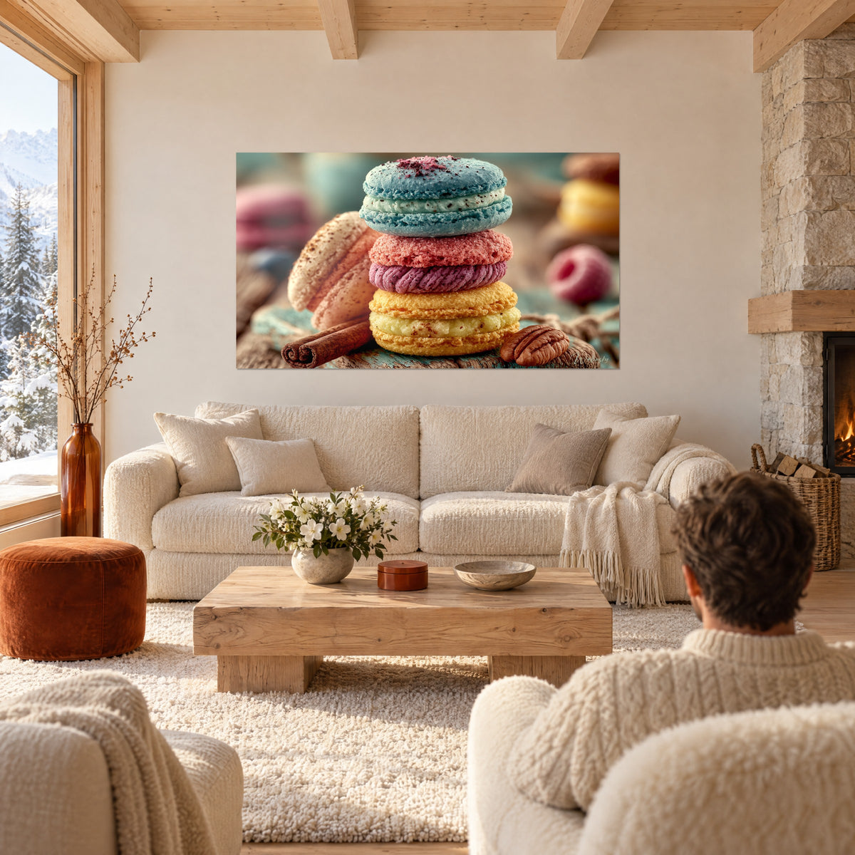 Wall art of a tower of turquoise blue, coral and butter yellow macarons, cinnamon in the foreground, above a sofa in a bright living room
