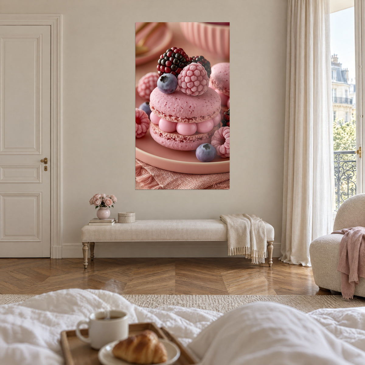 Cuadro tarta redonda rosa pálido coronada con una frambuesa escarchada y un arándano azulado, sobre una cama en un dormitorio claro