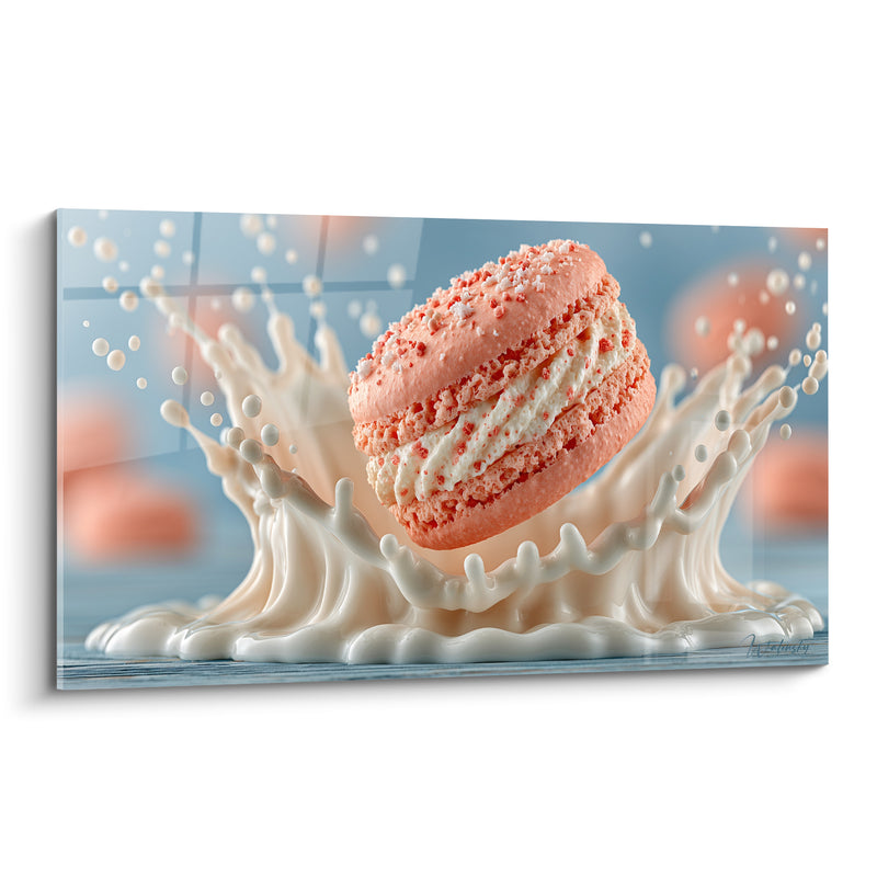 Tableau Macaron rose éclaboussant une crème blanche - Splash gourmand - Edition Macaron