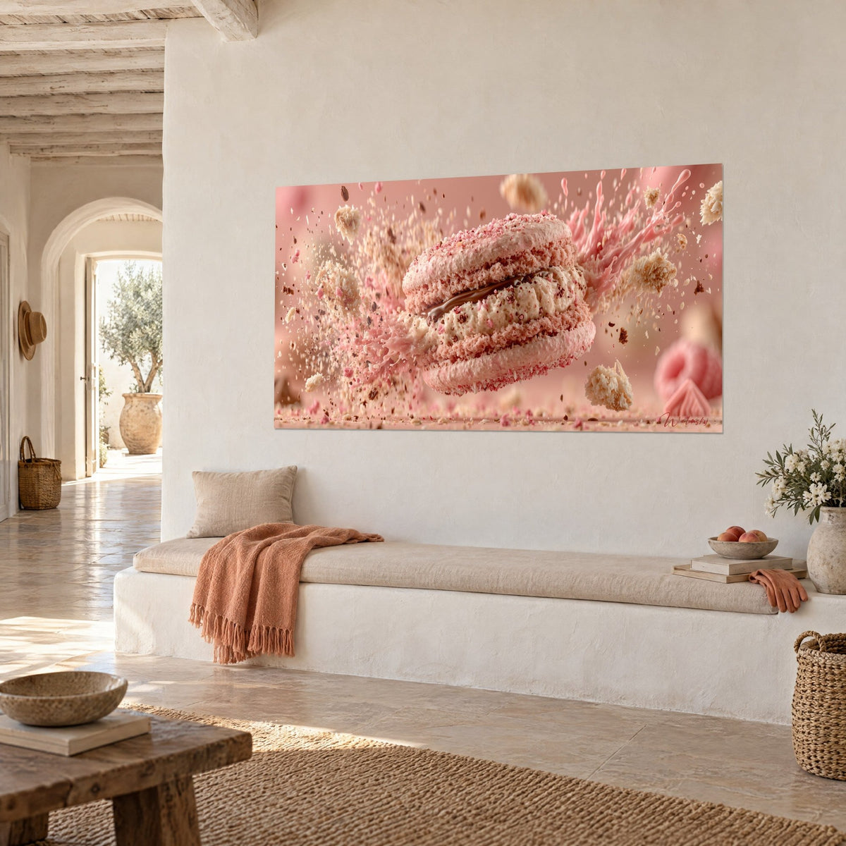 Tableau biscuit fourré à la crème ivoire, éclaboussures rose bonbon et chocolat, en vue de trois-quarts sur mur blanc