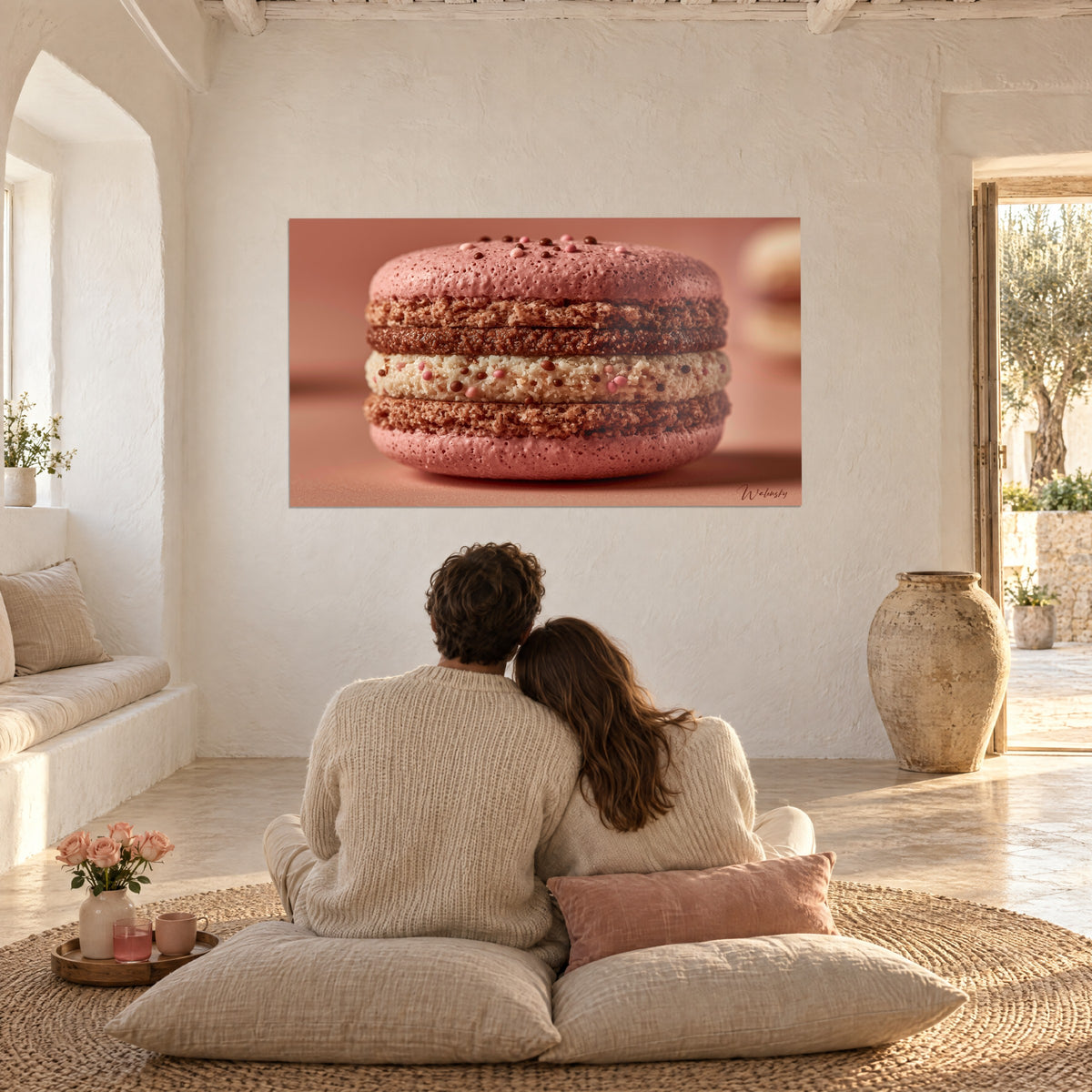 Wall art indulgent old-rose pink and chocolate, glistening sugar pearls, facing a couple seated on beige cushions