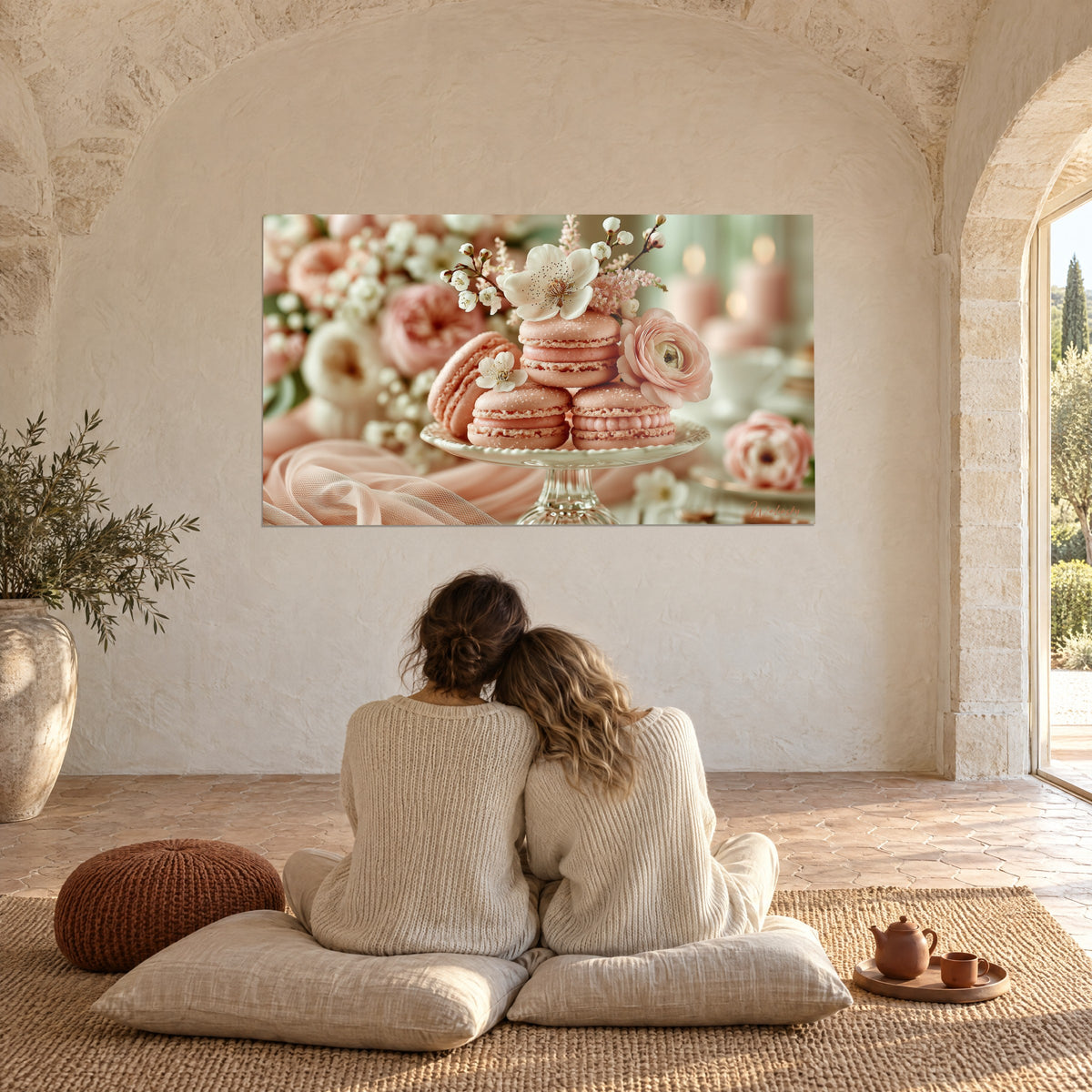 Schilderij met gestapelde abrikozenmacarons, roze ranonkels en een wit bloeiende tak, stenen muur van een mas, koppel van achteren innig omhelsd op de vloer