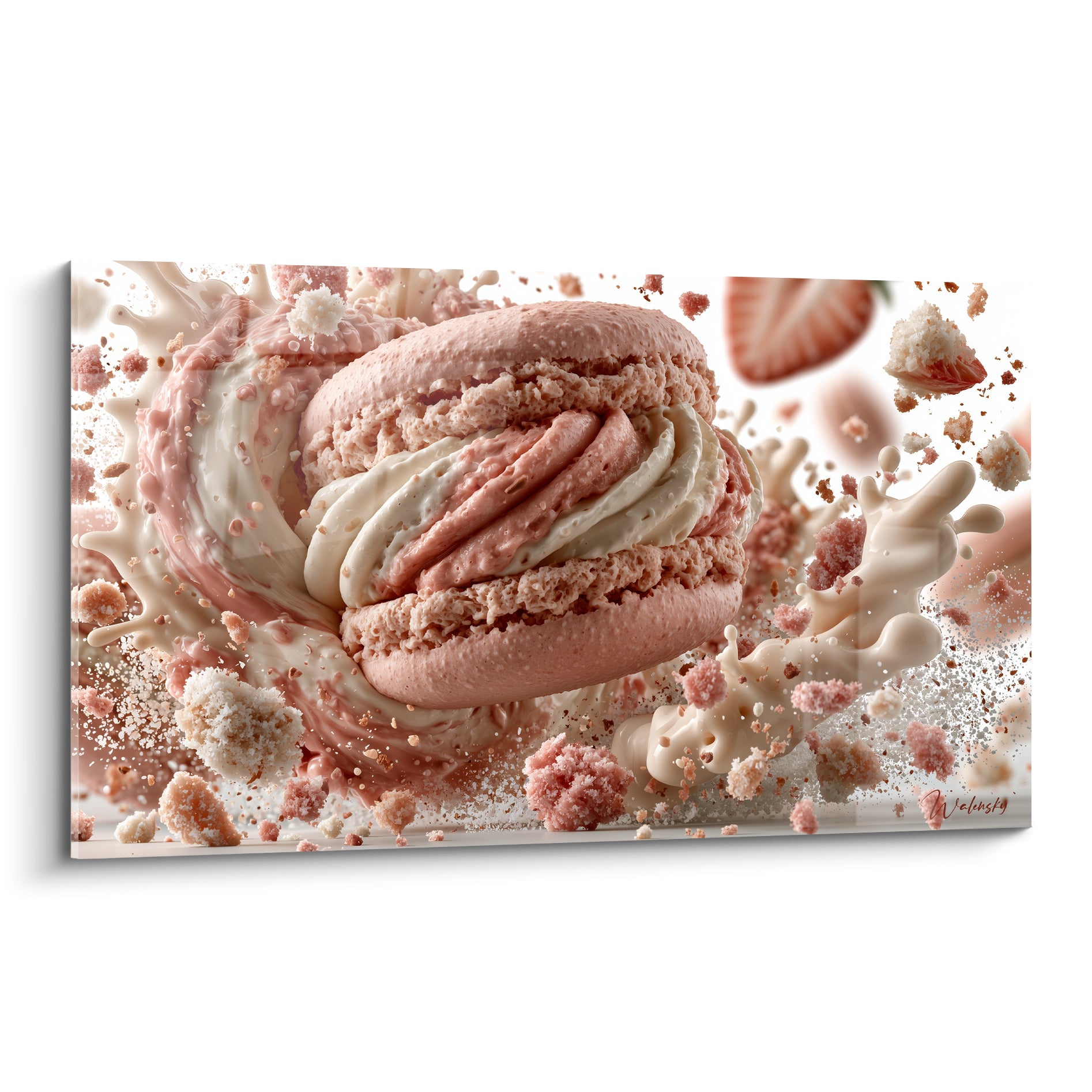 Macaron rose et crème blanche éclatent en volutes sur fond blanc immaculé