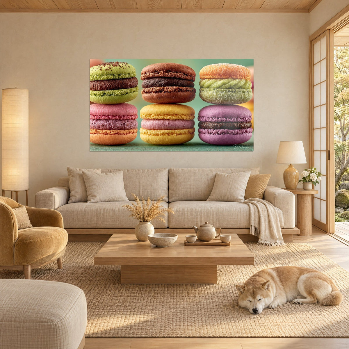 Tableau six macarons empilés en colonnes vert pistache, brun chocolat et mauve, Shiba endormi, au-dessus d'un canapé dans un salon lumineux