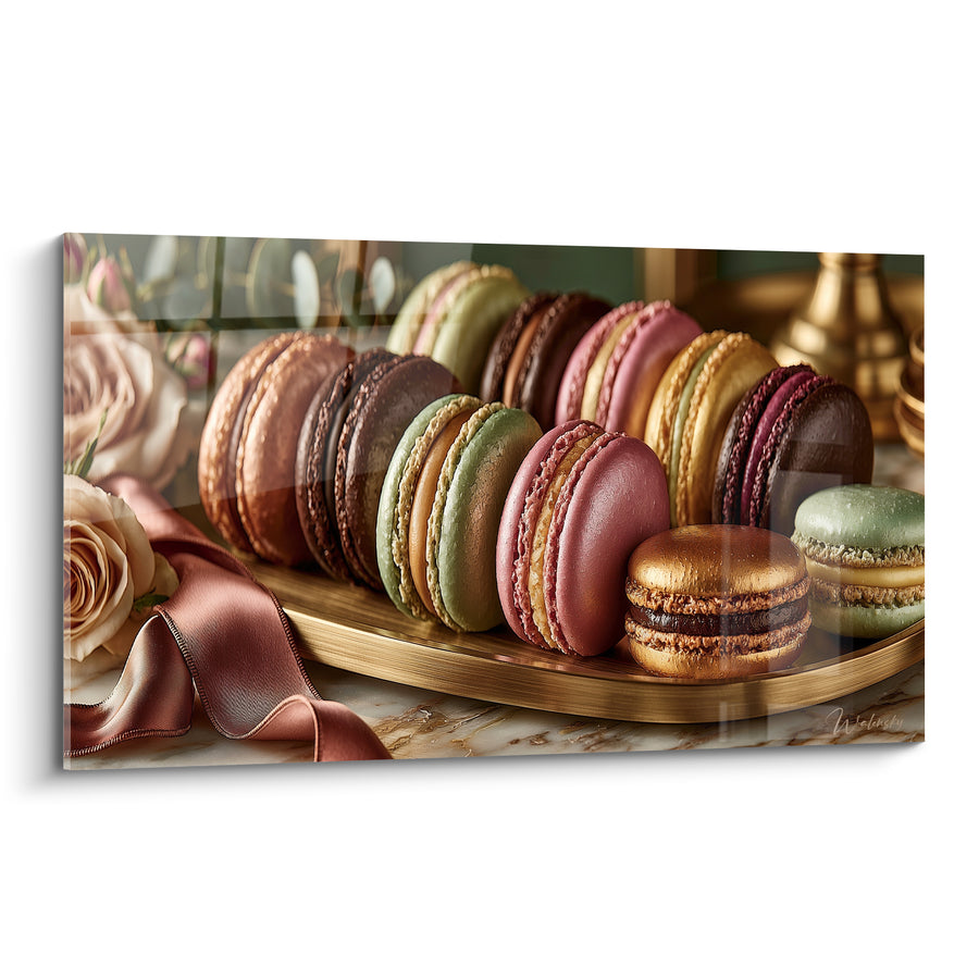 Tableau Macarons vert et rose sur plateau doré - Ruban satiné et roses - Edition Macaron
