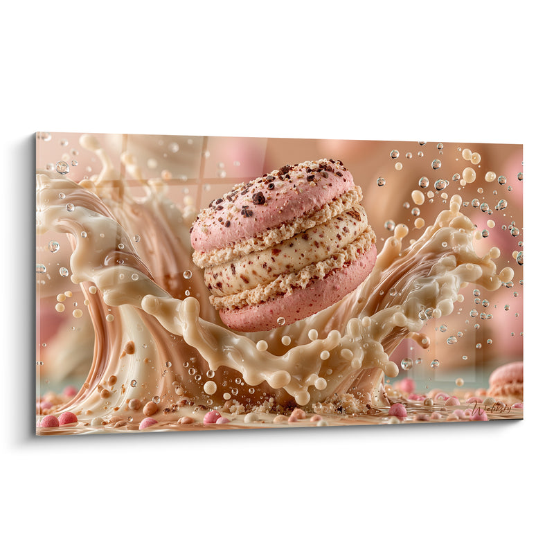 Tableau Macaron rose et crème aux éclats croquants - Vague de lait jaillissante - Edition Macaron