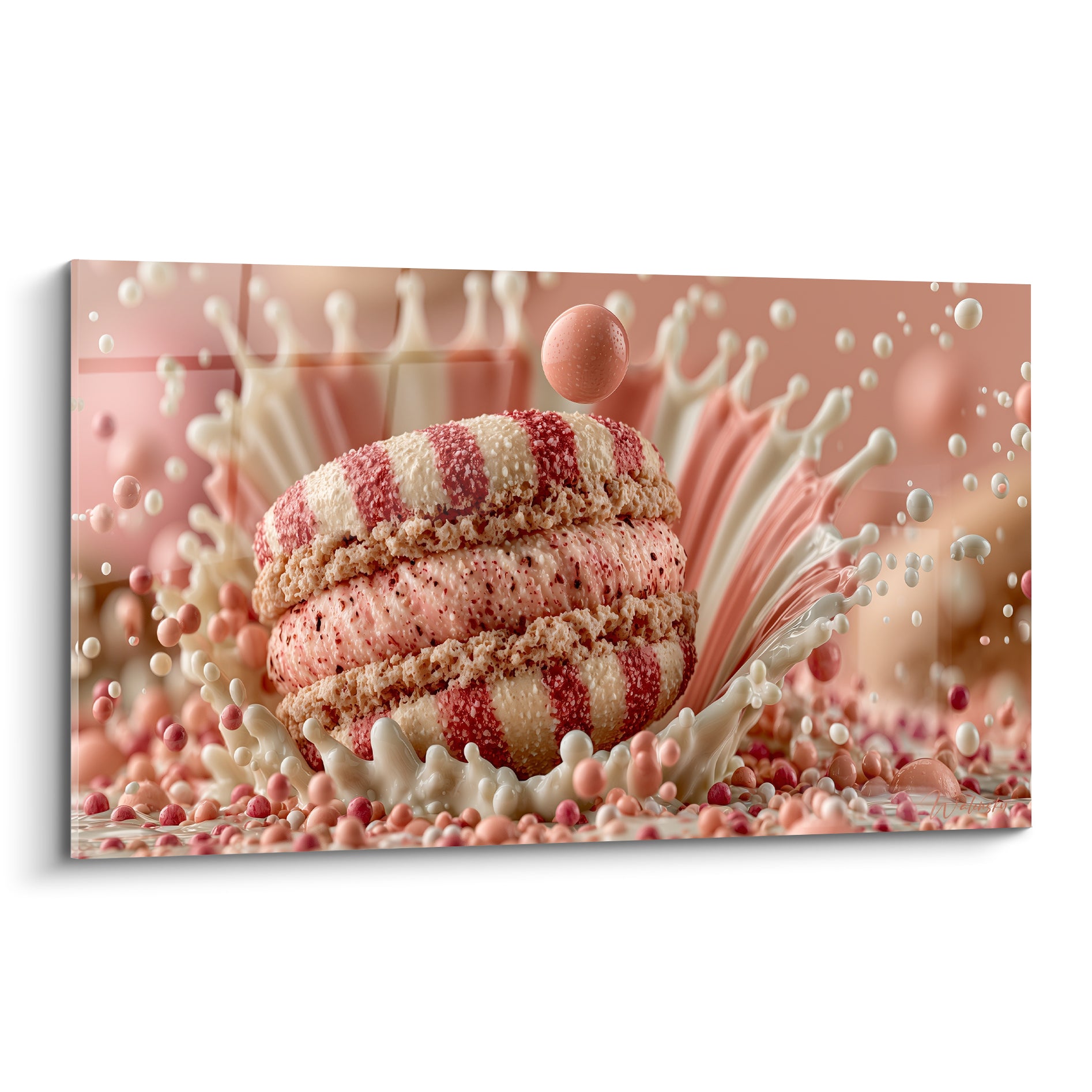 Macaron rose et crème surmonté d'une bille rose au cœur d'une éclaboussure blanche nacrée