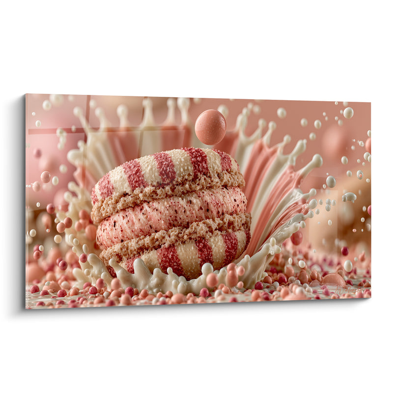 Tableau Macaron rayé rose et blanc entouré de perles suspendues - Couronne laiteuse figée - Edition Macaron