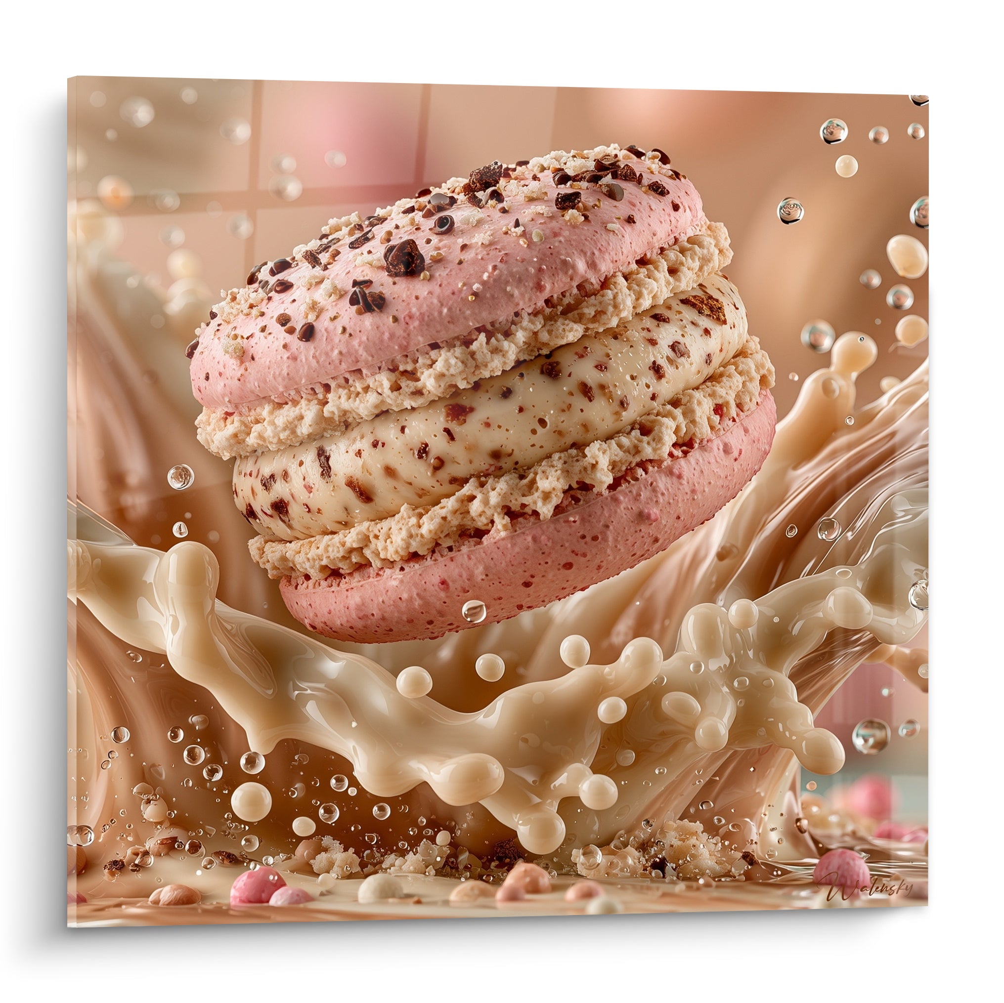 Macaron rose et crème aux éclats de chocolat, suspendu au-dessus d'une éclaboussure de lait beige