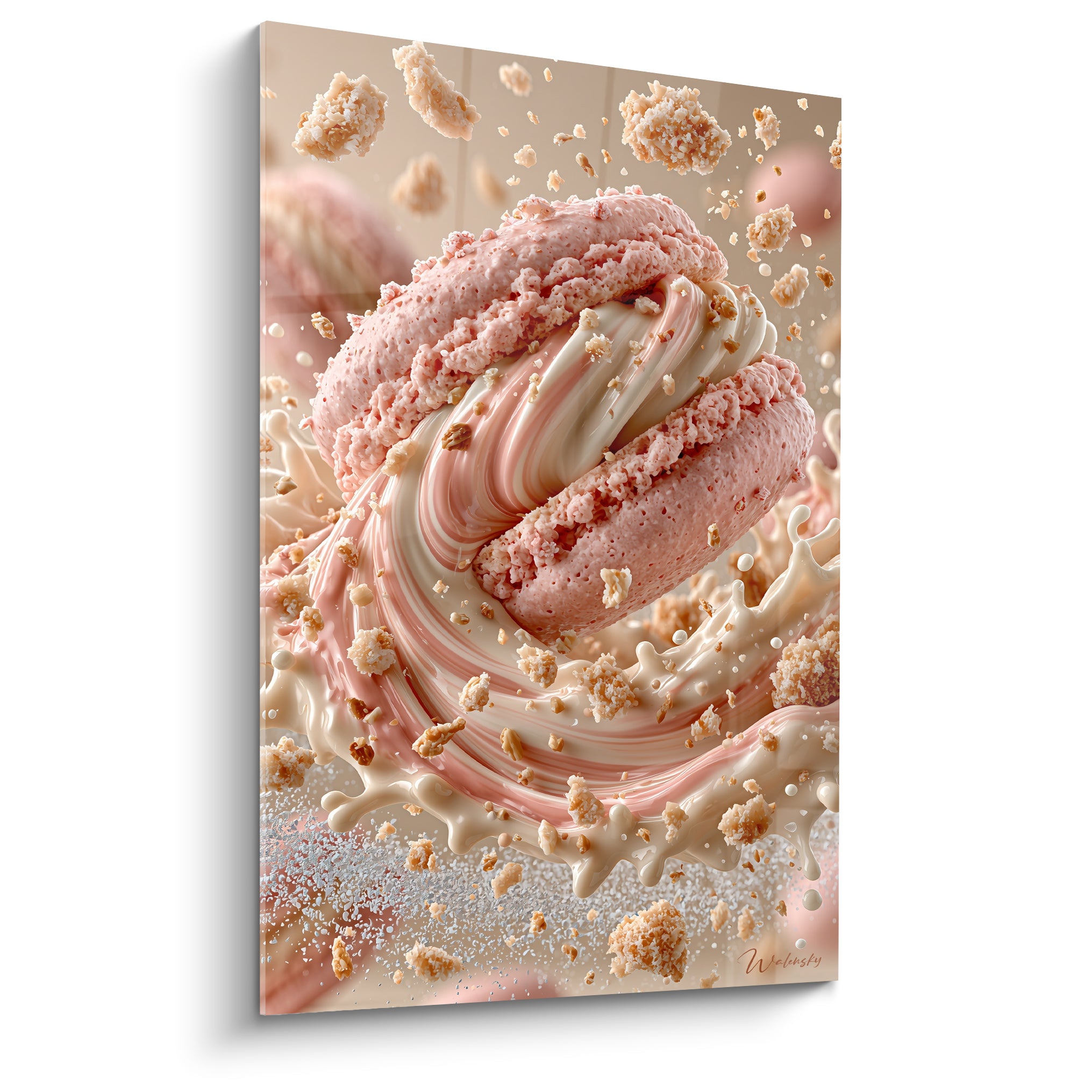 Macaron rose éclaté révélant une ganache crème ivoire en spirale sur fond beige doux