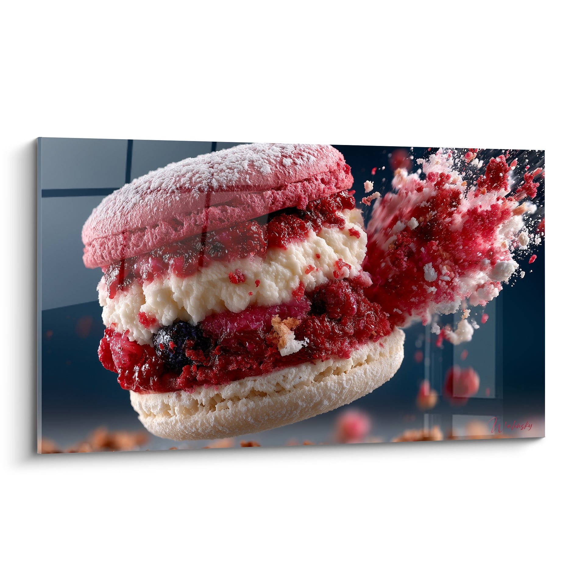 Macaron rose et crème explosé avec fruits rouges dispersés sur fond anthracite dégradé