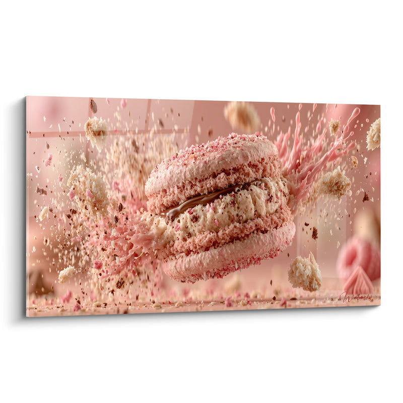Tableau Macaron rose et ivoire à la coulée chocolatée - Miettes en explosion - Edition Macaron