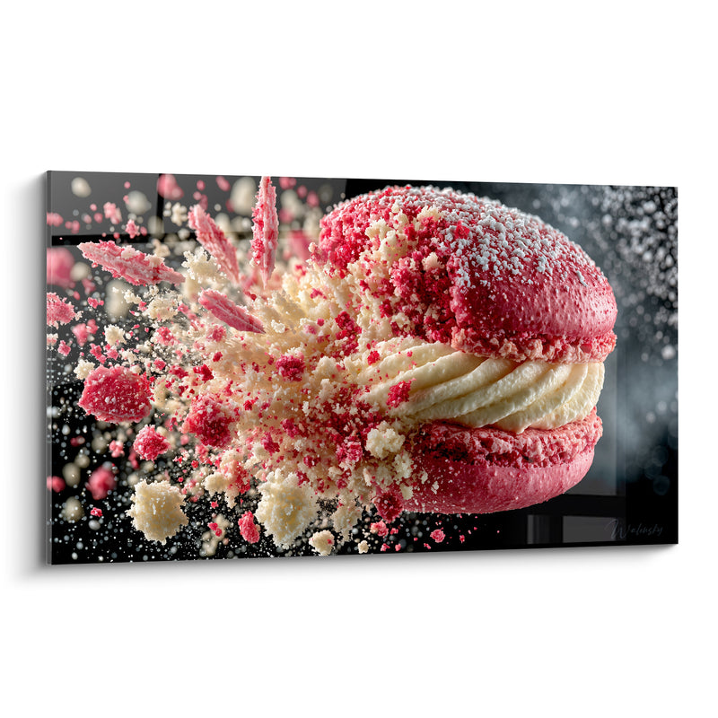 Tableau Macaron rose et ivoire sur fond noir éclaté - Débris de sucre glace - Edition Macaron