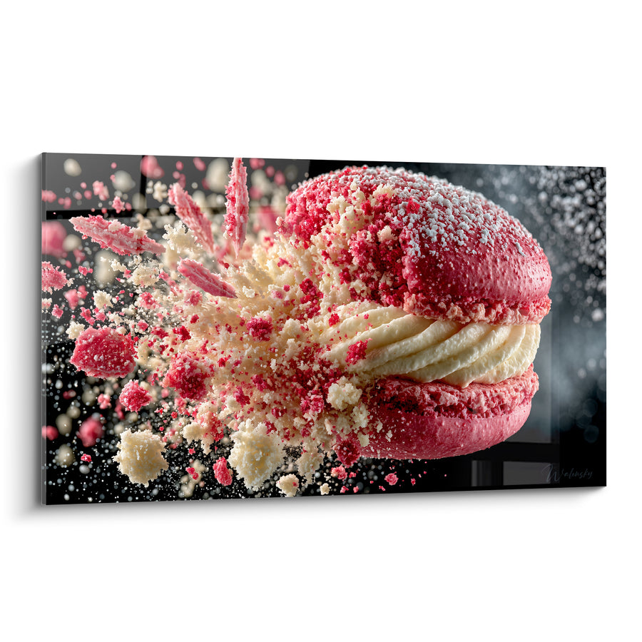 Tableau Macaron rose et ivoire sur fond noir éclaté - Débris de sucre glace - Edition Macaron