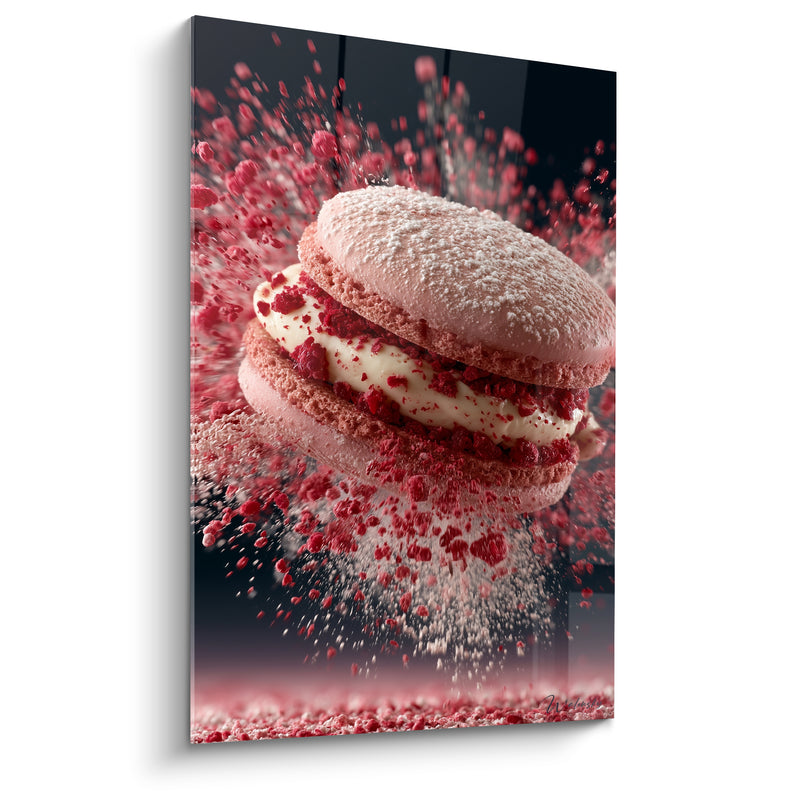 Tableau Macaron rose et blanc au sucre glace explosif - Éclats de framboise - Edition Macaron