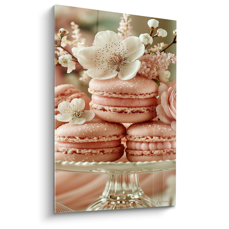Tableau Macarons rose pâle et blanc sur présentoir en verre - Fleurs de pommier - Edition Macaron