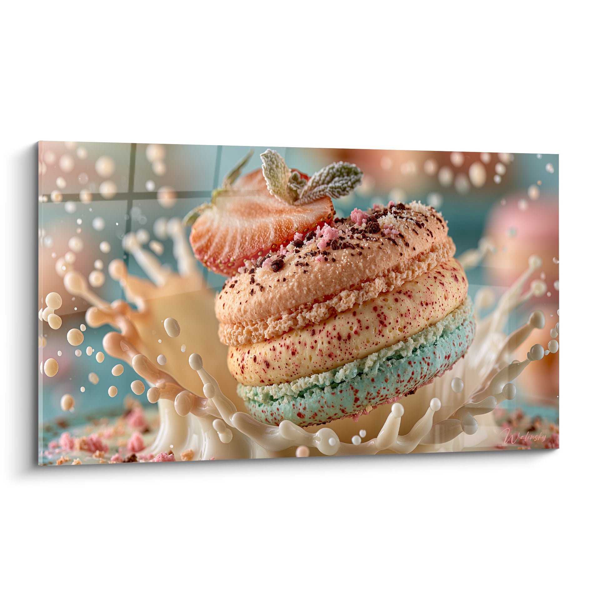 Macaron rose, crème et turquoise surmonté d'une fraise, éclaboussure de crème figée en pleine chute