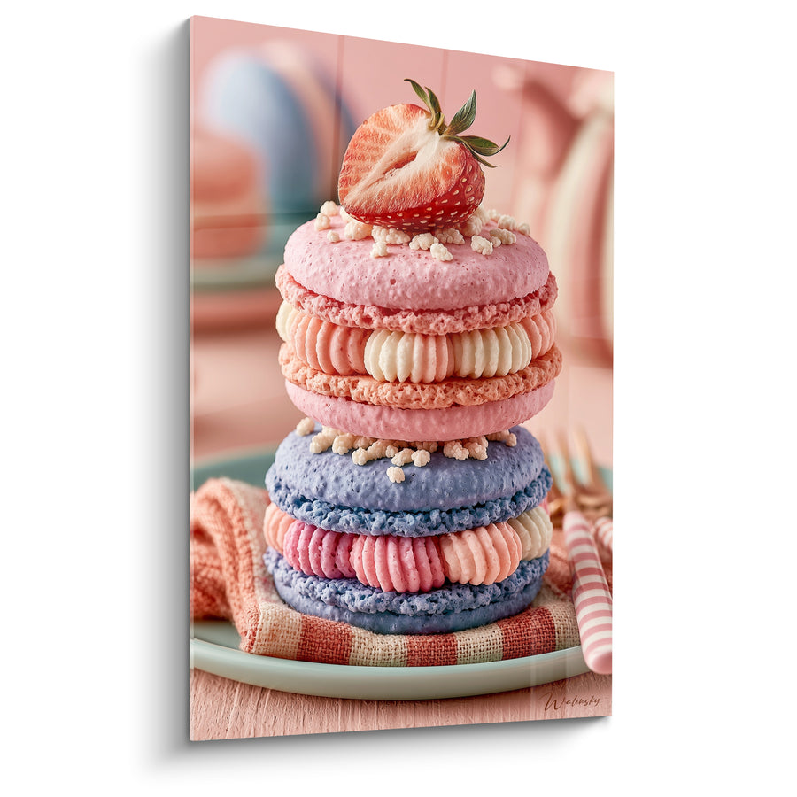 Tableau Macaron rose et mauve surmonté d'une fraise - Serviette rayée et fourchette - Edition Macaron