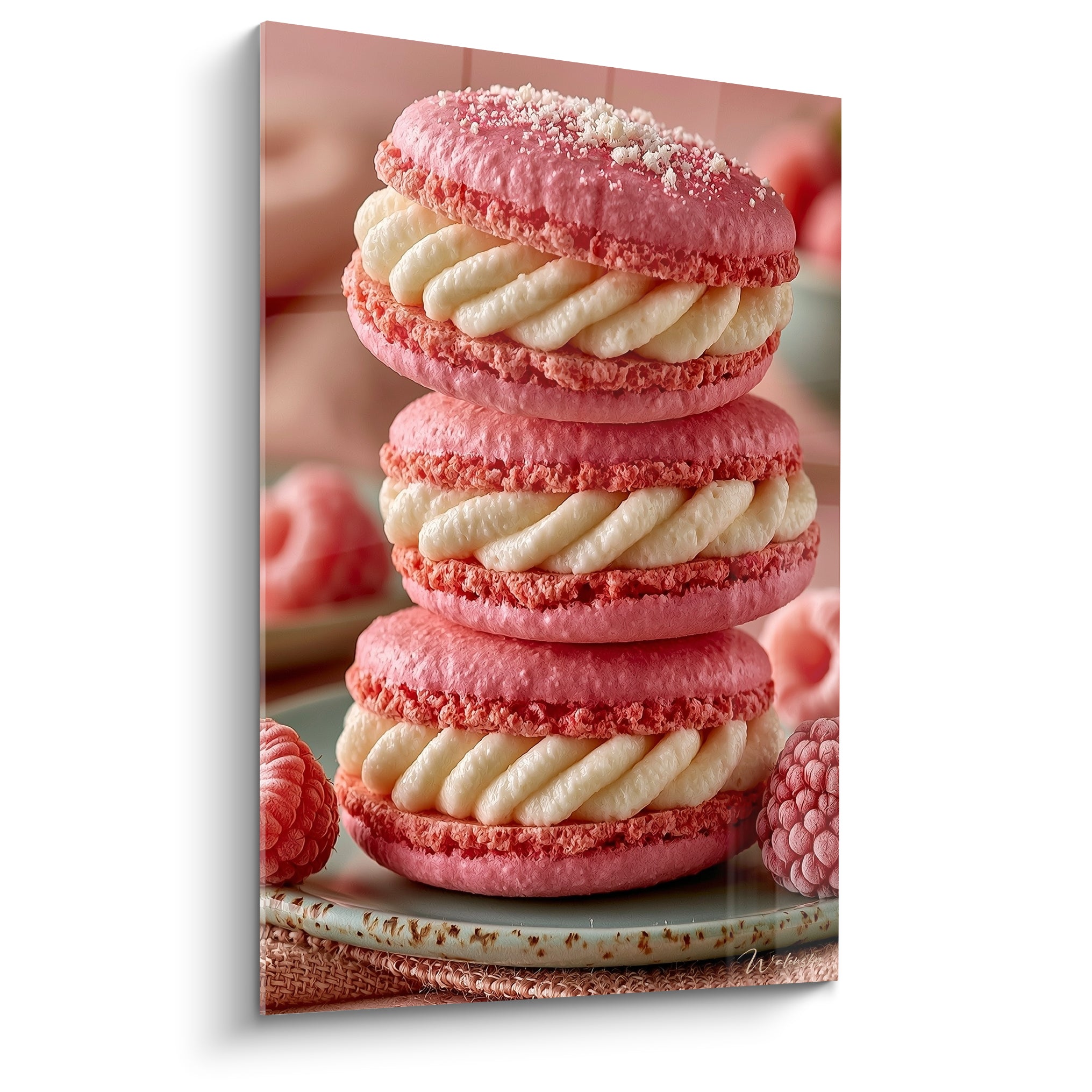Macarons roses empilés en trois étages, crème ivoire striée et framboises fraîches en fond flou