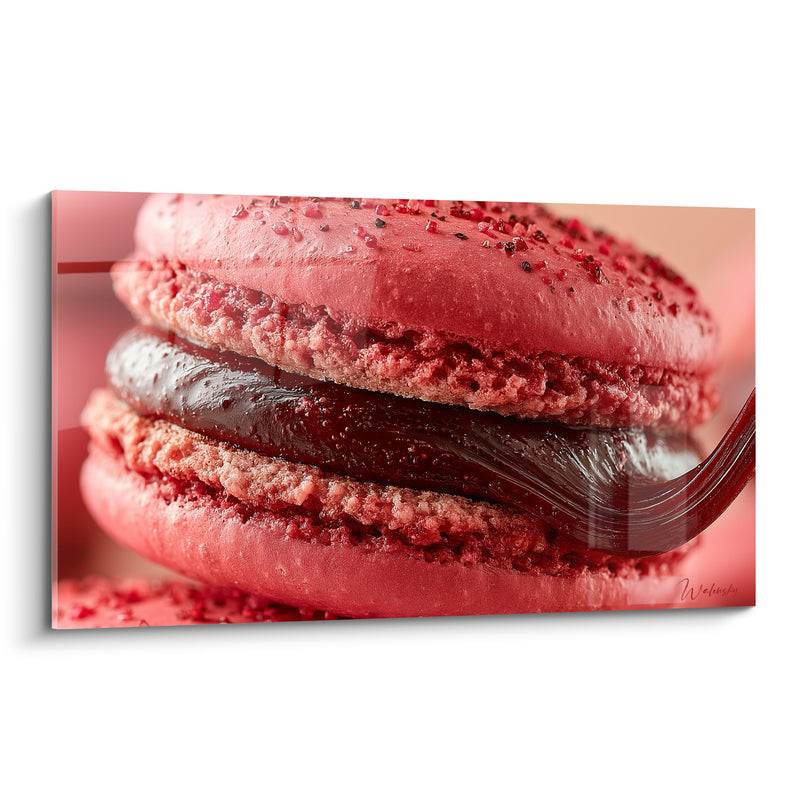 Tableau Macaron rose et grenat à la ganache brillante - Zoom sur la coque craquelée - Edition Macaron