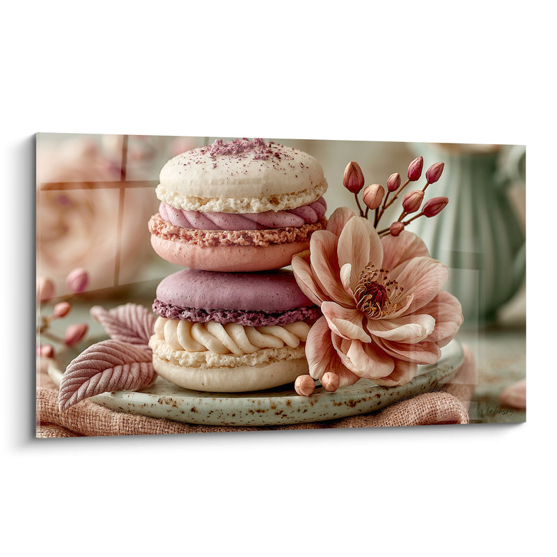 Tableau Macarons ivoire et mauve près d'une fleur de magnolia - Feuille texturée poudrée - Edition Macaron
