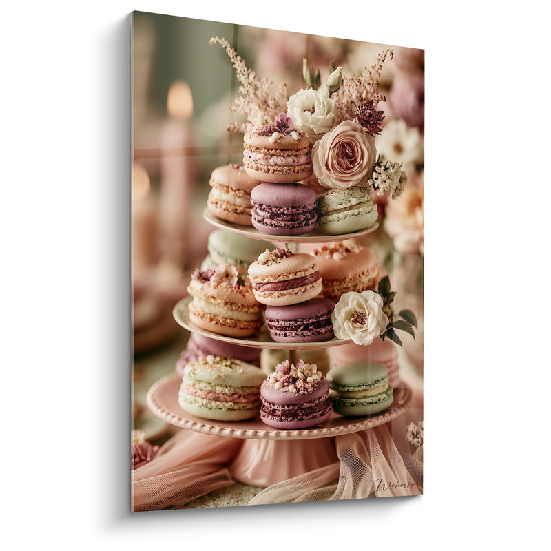 Tableau Présentoir mauve et vert à trois étages fleuris - Roses et tulle rosé - Edition Macaron