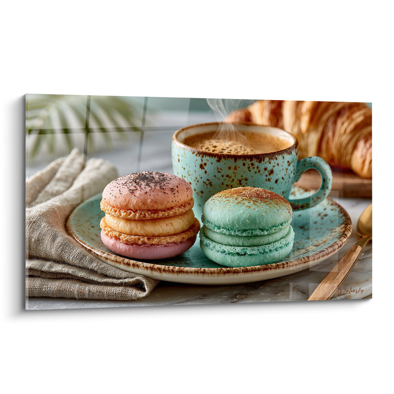 Tableau Macarons roses et menthe avec café fumant - Pause gourmande matinale - Edition Macaron