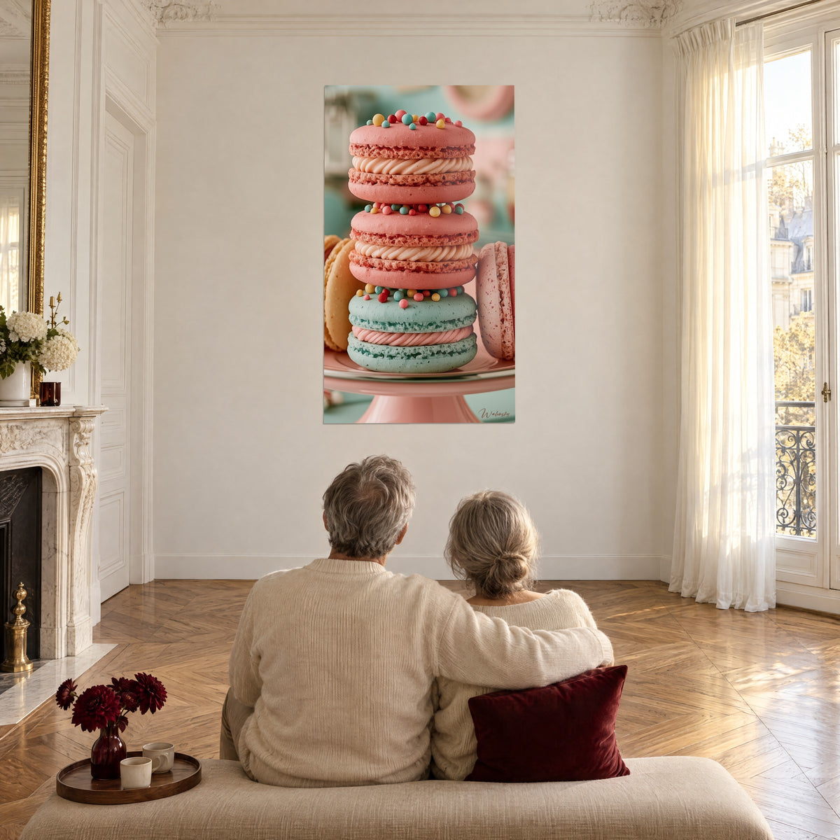 Cuadro de macarons golosos rosas y menta espolvoreados con bolitas de colores, pareja de mayores de espaldas en un sofá frente a la pared blanca