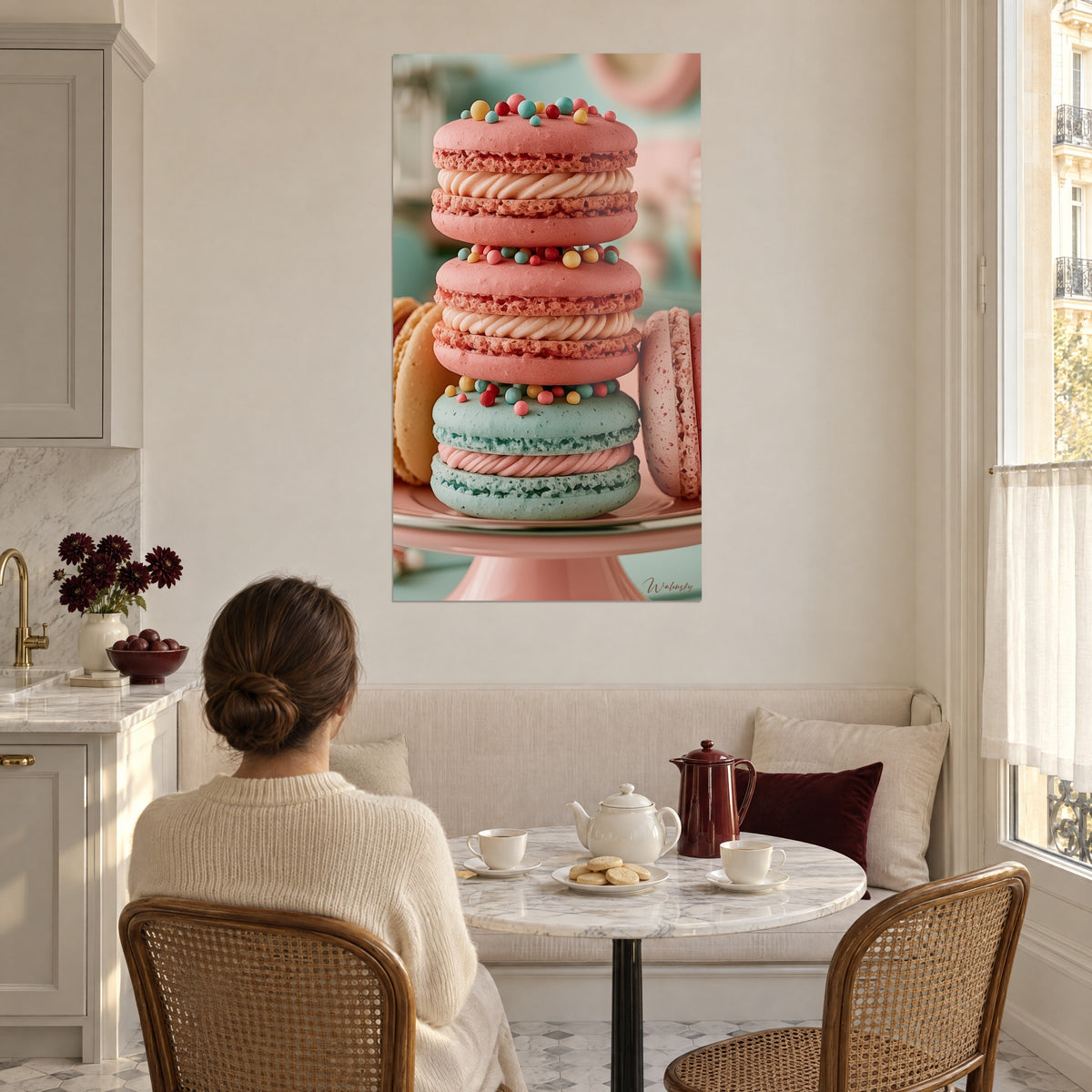 Cuadro de torre de macarons pastel, conchas rosas y menta rellenas de crema torcida, mujer de espaldas frente a una mesa de desayuno