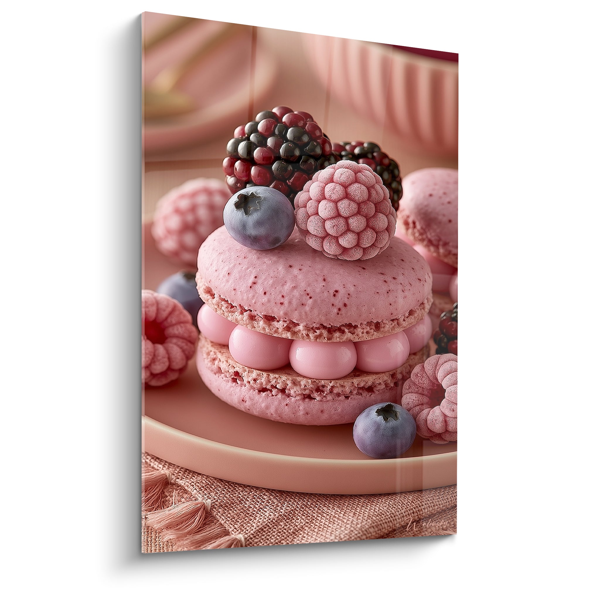 Macaron rose garni de mûres violettes et myrtilles bleutées sur assiette rose poudré