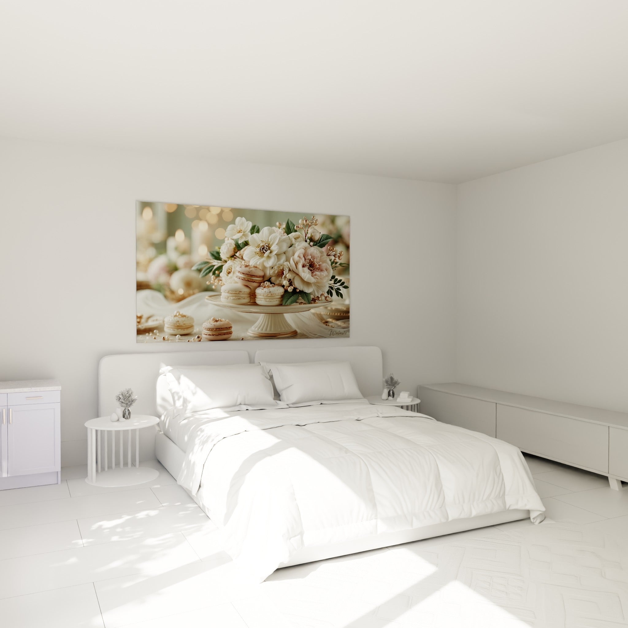 Macarons roses et fleurs ivoire ornés de dorures, accrochés au-dessus d'un lit dans une chambre claire