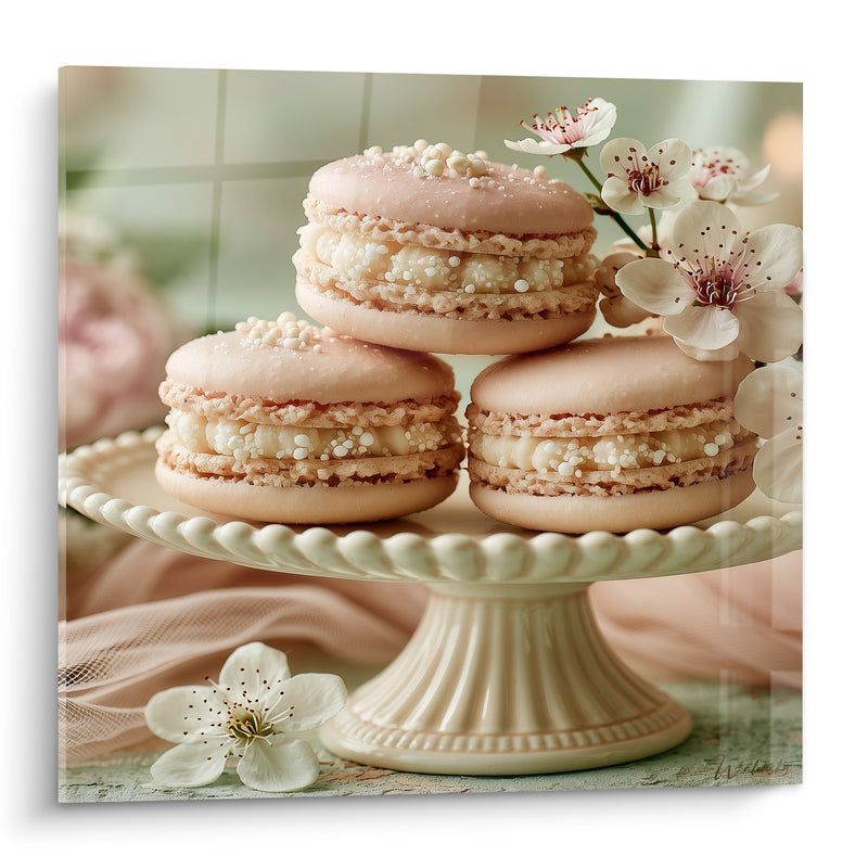 Tableau Macarons rose pâle et ivoire sur présentoir sculpté - Fleurs de cerisier délicates - Edition Macaron