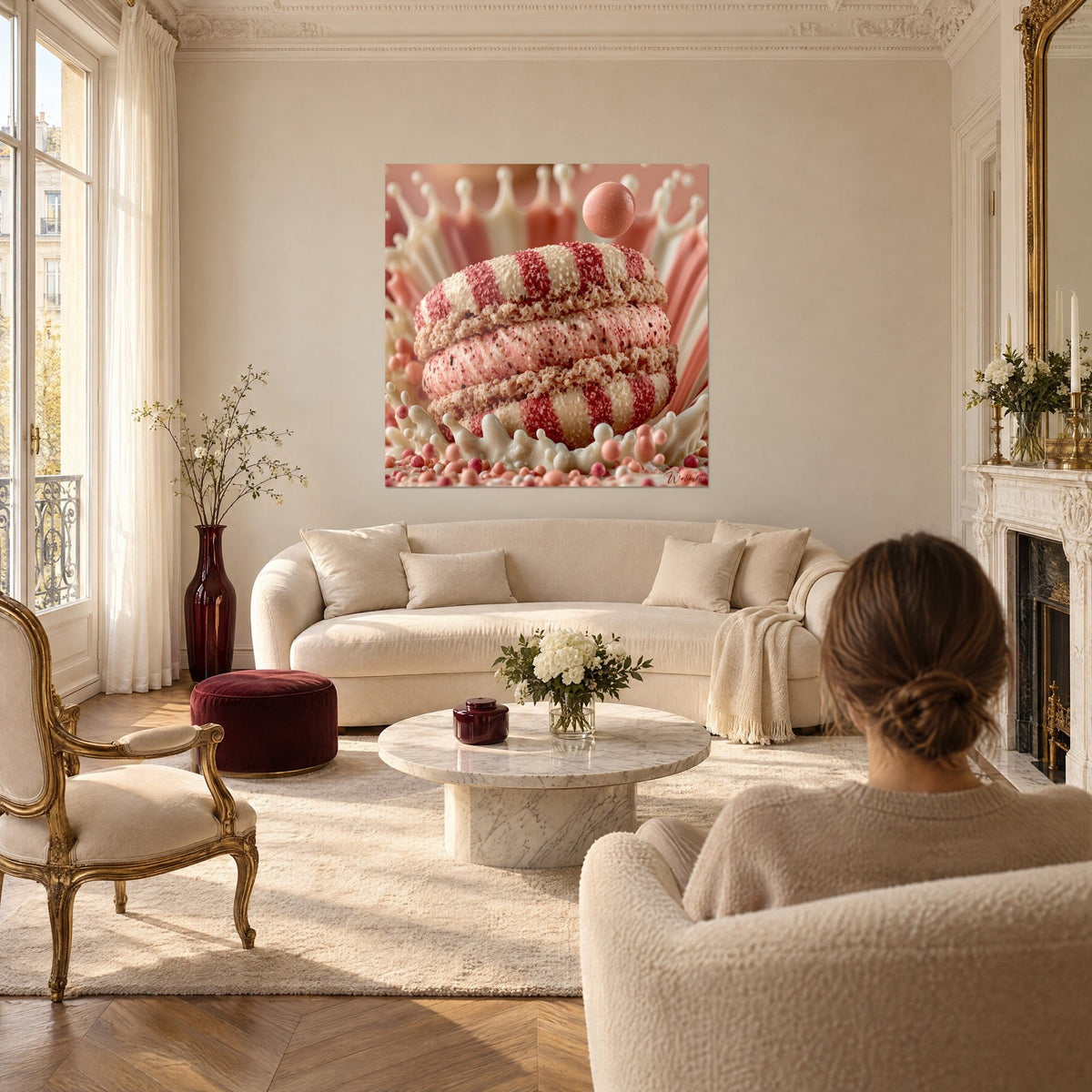 Tableau macaron rayé de rouge framboise et de crème, éclaboussure de lait en couronne, au-dessus d'un canapé dans un salon lumineux