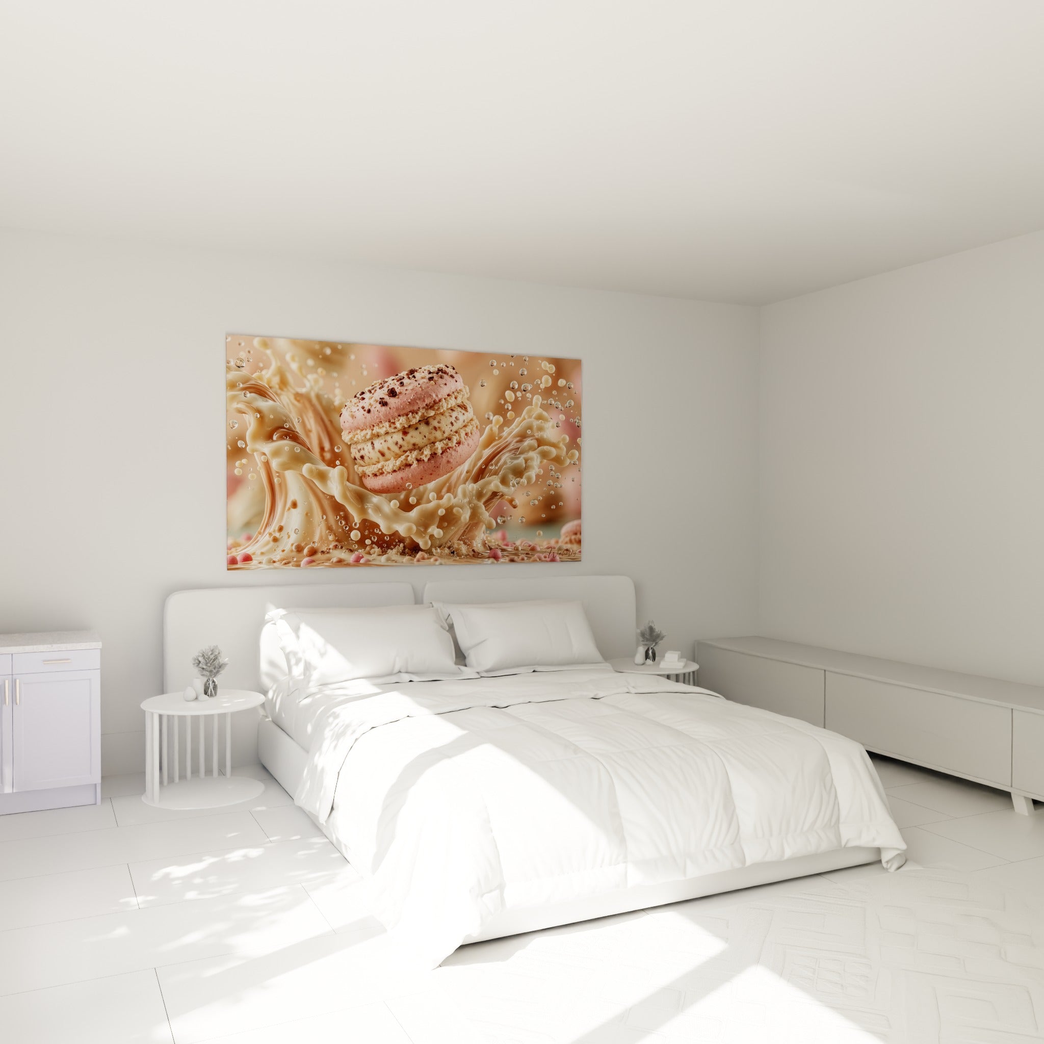 Douceur pastel d'un macaron éclaboussé au-dessus d'un lit dans une chambre claire
