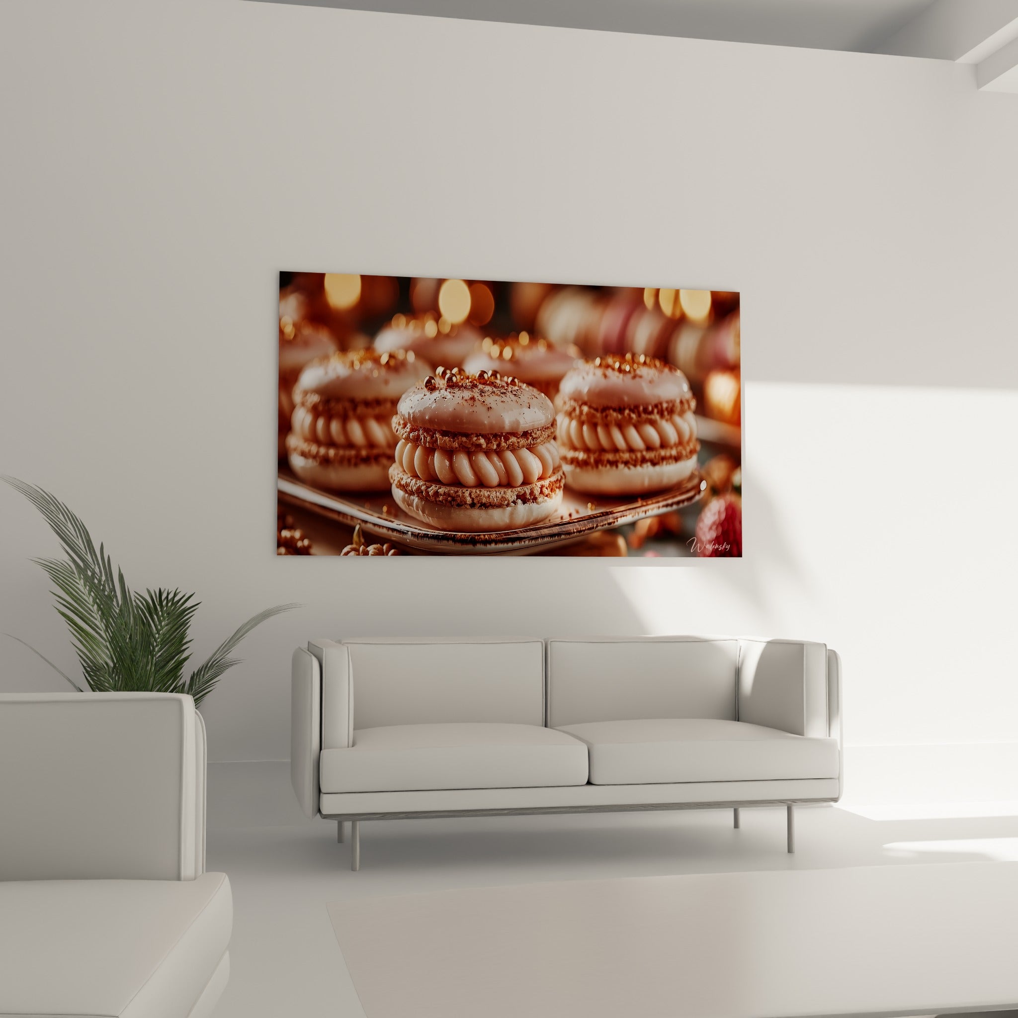 Macaron rosé et doré, crème en volutes, disposé au-dessus d'un canapé dans un salon lumineux